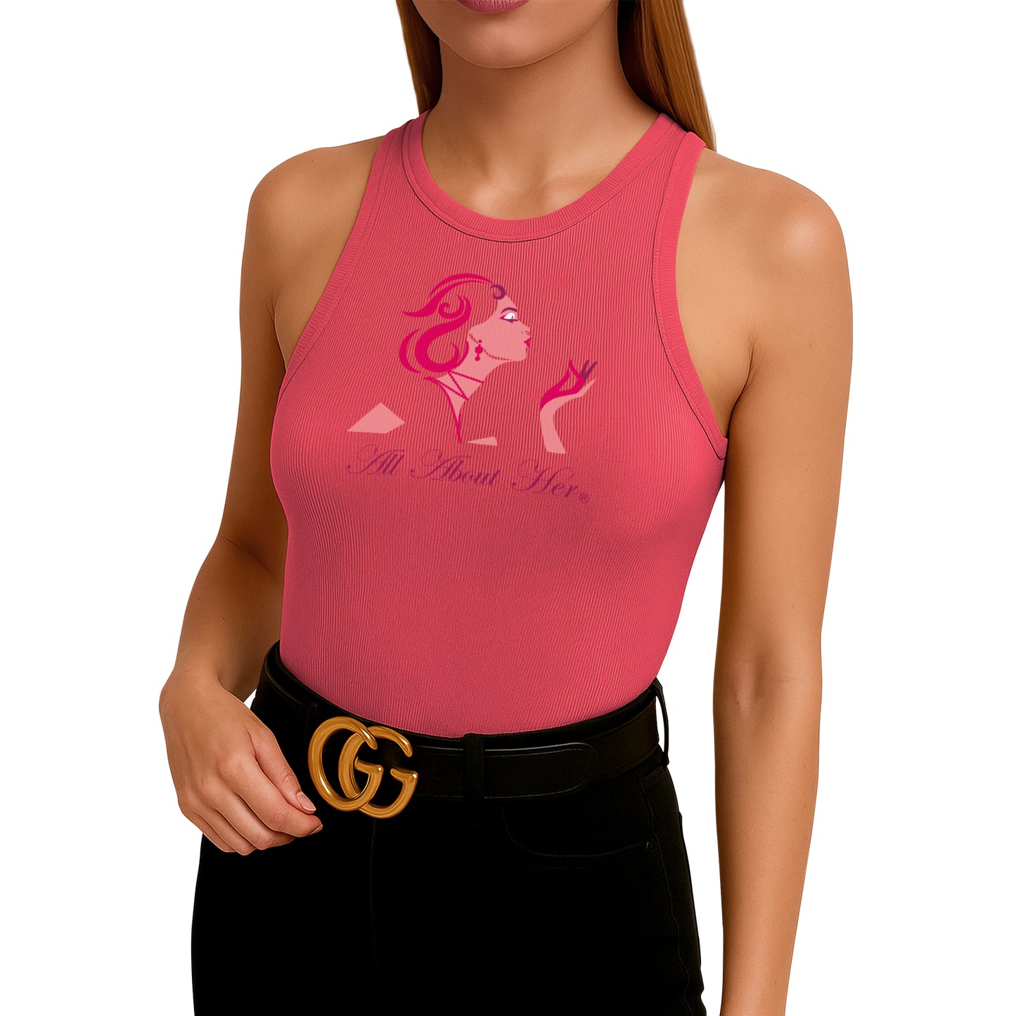 All About Her® Women’s Ribbed Sleeveless Tank Top – High Neck Slim Fit Casual Cotton Shirt