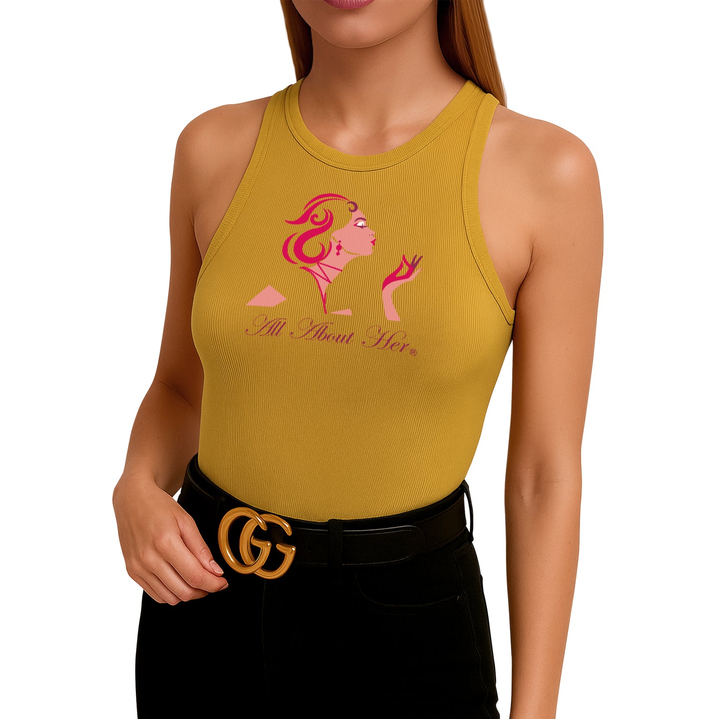 All About Her® Women’s Ribbed Sleeveless Tank Top – High Neck Slim Fit Casual Cotton Shirt
