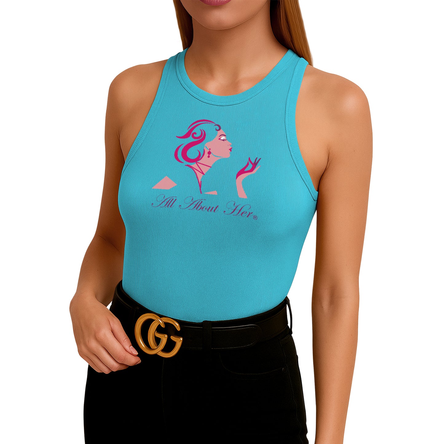 All About Her® Women’s Ribbed Sleeveless Tank Top – High Neck Slim Fit Casual Cotton Shirt